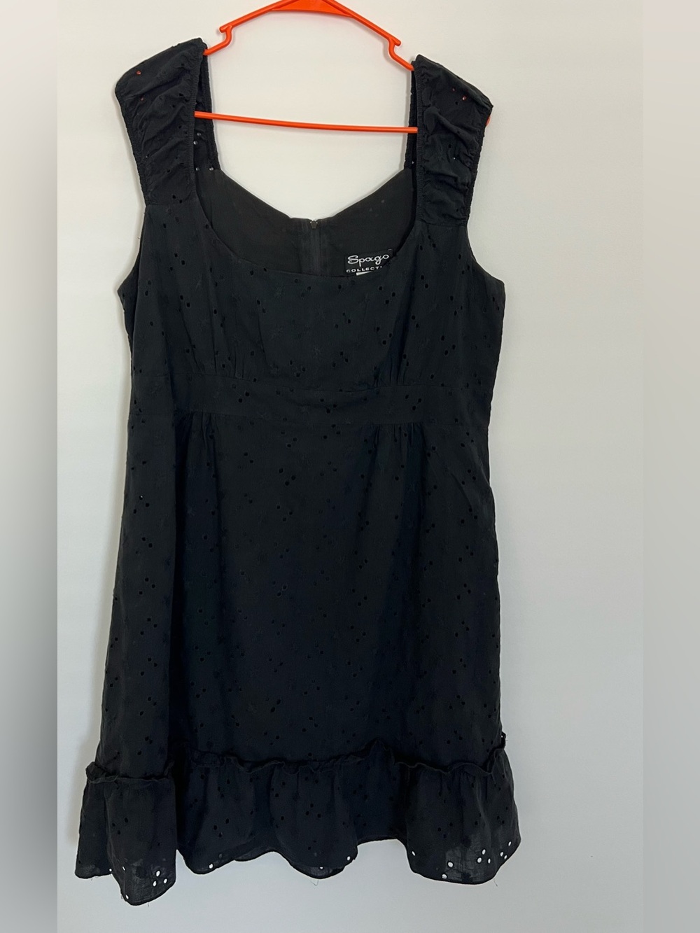 Spago Collection Black Eyelet Embroidery Cotton Square Neck Ruffle Hem Dress Siz